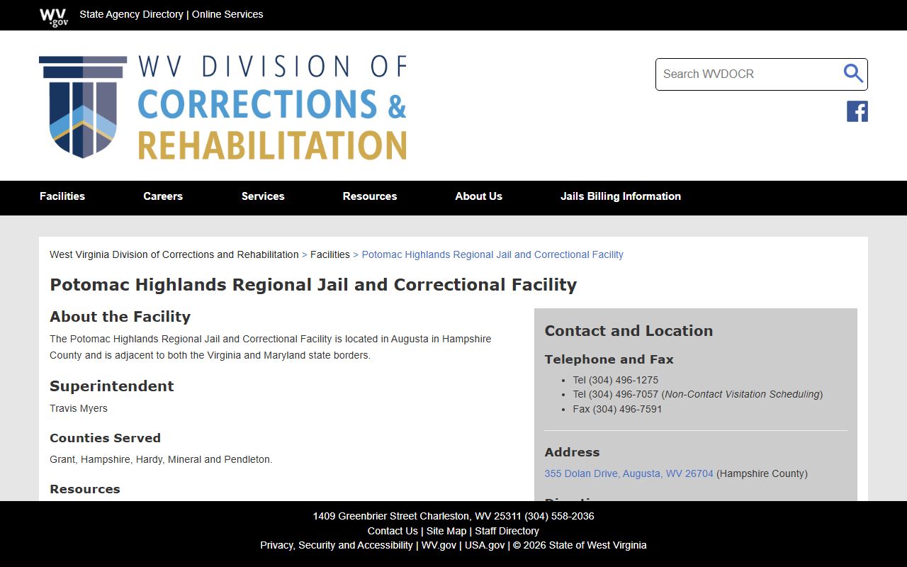 Potomac Highlands Regional Jail Hardy County detention facility page